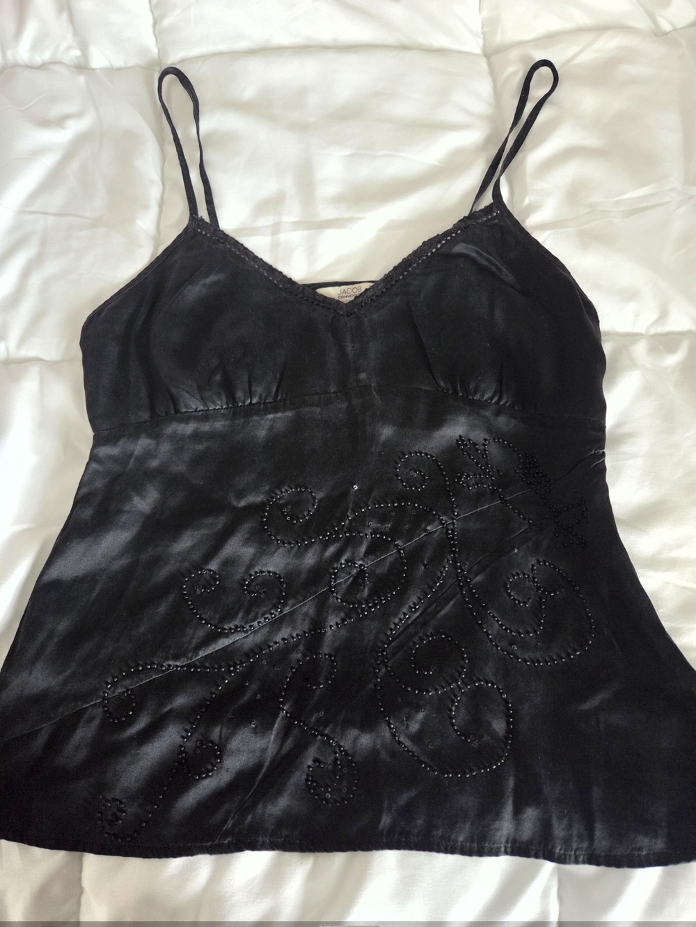 Jacob Vintage Satin Black Cami / Camisole Tank - Beaded & Sequin Floral Pattern